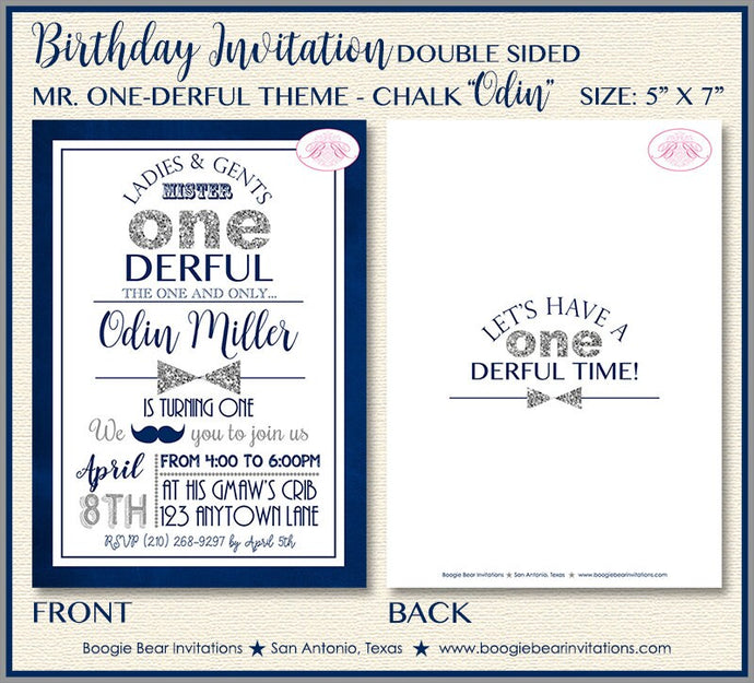 Mr. Wonderful Birthday Party Invitation Chalkboard Navy Blue Silver ONE 1st Boogie Bear Invitations Odin Theme Paperless Printable Printed