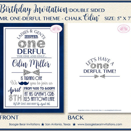 Mr. Wonderful Birthday Party Invitation Chalkboard Navy Blue Silver ONE 1st Boogie Bear Invitations Odin Theme Paperless Printable Printed