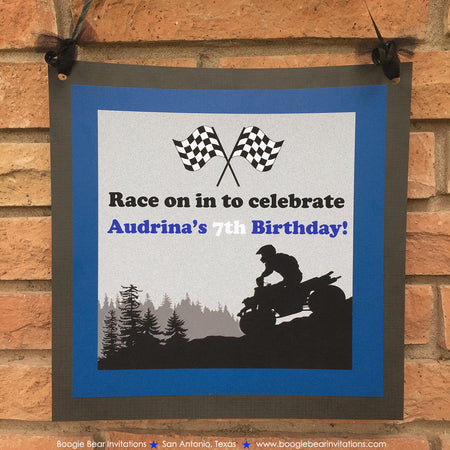 ATV Off Road Birthday Door Banner Happy Boy Girl Blue Black All Terrain Vehicle Quad 4 Wheeler Racing Boogie Bear Invitations Audrina Theme