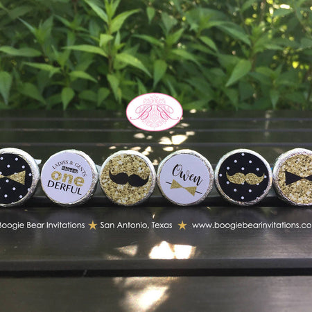 Mr Wonderful 1st Birthday Circle Stickers Candy Favor Mustache Bow Tie ONE Boy Onederful Black Gold Party Boogie Bear Invitations Owen Theme