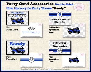 Motorcycle Birthday Party Favor Card Tent Appetizer Blue Motocross Enduro Bike Racing Race Track Boogie Bear Invitations Randy Theme Printed