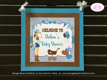 Load image into Gallery viewer, Cowgirl Blue Baby Shower Door Banner Boy Modern Chic Rustic Farm Country Turquoise Teal Paisley Barn Boogie Bear Invitations Chelsea Theme