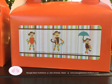 Load image into Gallery viewer, Sock Monkey Birthday Party Treat Boxes Favor Girl Boy Stripe Little Umbrella Wagon Orange Green Blue Boogie Bear Invitations Teagan Theme