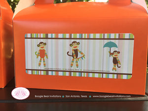Sock Monkey Birthday Party Treat Boxes Favor Girl Boy Stripe Little Umbrella Wagon Orange Green Blue Boogie Bear Invitations Teagan Theme
