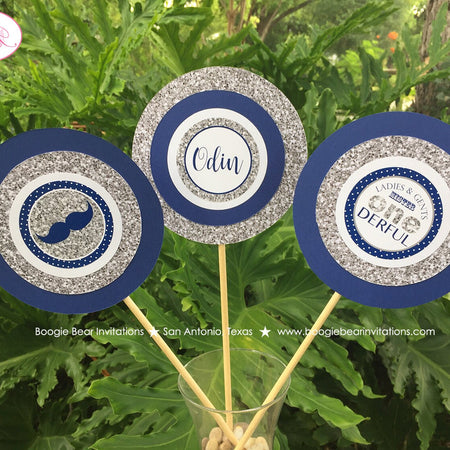 Mr. Wonderful Birthday Party Centerpiece Set ONE Onederful 1st Little Man Bow Tie Navy Blue Silver White Boogie Bear Invitations Odin Theme