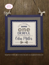 Load image into Gallery viewer, Mr. Wonderful Birthday Party Door Banner 1st ONE Onederful Little Man Bow Tie Navy Blue Silver White Grey Boogie Bear Invitations Odin Theme