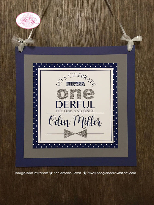Mr. Wonderful Birthday Party Door Banner 1st ONE Onederful Little Man Bow Tie Navy Blue Silver White Grey Boogie Bear Invitations Odin Theme