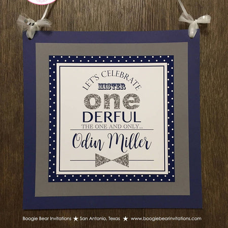 Mr. Wonderful Birthday Party Door Banner 1st ONE Onederful Little Man Bow Tie Navy Blue Silver White Grey Boogie Bear Invitations Odin Theme