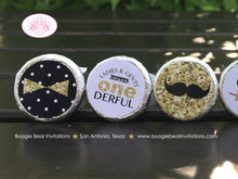 Load image into Gallery viewer, Mr Wonderful 1st Birthday Circle Stickers Candy Favor Mustache Bow Tie ONE Boy Onederful Black Gold Party Boogie Bear Invitations Owen Theme