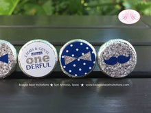 Load image into Gallery viewer, Mr Wonderful 1st Birthday Circle Stickers Candy Favor Mustache Bow Tie Boy Onederful Navy Silver Party Boogie Bear Invitations Odin Theme