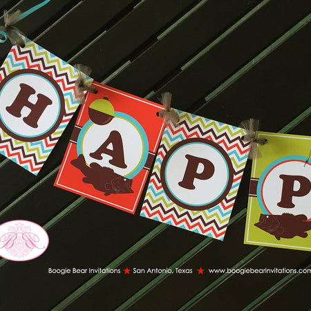 Bass Fish Fishing Happy Birthday Party Banner Boy Girl Red Aqua Blue Green Chevron Hiking Camping River Boogie Bear Invitations Easton Theme