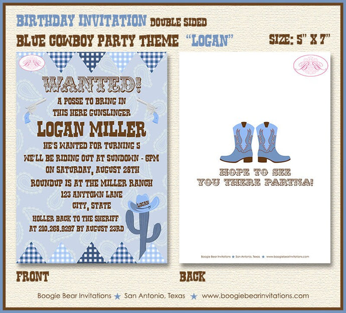Blue Cowboy Birthday Party Invitation Boots Boy Hat Country Cactus Wild West Boogie Bear Invitations Logan Theme Paperless Printable Printed