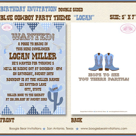 Blue Cowboy Birthday Party Invitation Boots Boy Hat Country Cactus Wild West Boogie Bear Invitations Logan Theme Paperless Printable Printed