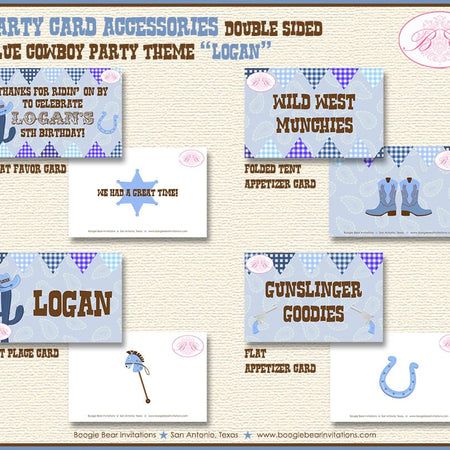 Blue Cowboy Birthday Party Favor Card Tent Place Appetizer Food Sign Label Tag Boy Country Farm Boogie Bear Invitations Logan Theme Printed