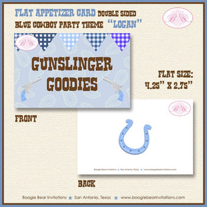 Blue Cowboy Birthday Party Favor Card Tent Place Appetizer Food Sign Label Tag Boy Country Farm Boogie Bear Invitations Logan Theme Printed