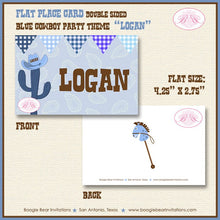 Load image into Gallery viewer, Blue Cowboy Birthday Party Favor Card Tent Place Appetizer Food Sign Label Tag Boy Country Farm Boogie Bear Invitations Logan Theme Printed