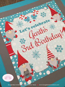 Winter Gnomes Birthday Party Door Banner Girl Boy Red Blue Snowing Christmas Snowflake Snow Dryad Dwarf Boogie Bear Invitations Garth Theme