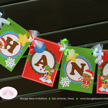 Gingerbread Boy Birthday Party Banner Small Red Green Lollipop Snowflake Snow 1st 2nd 3rd 4th 5th 6th Boogie Bear Invitations Hansel Theme