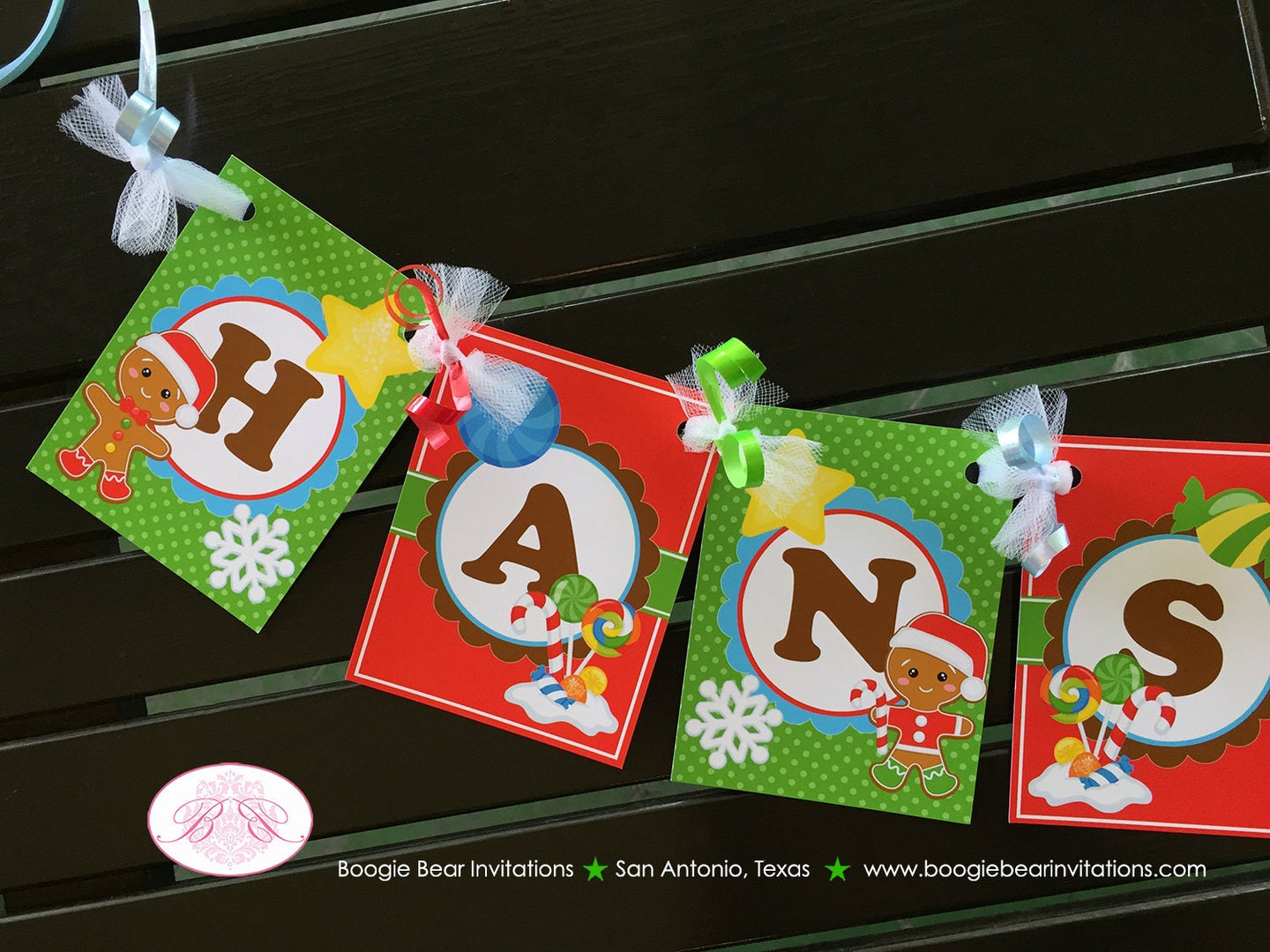 Gingerbread Boy Birthday Party Banner Small Red Green Lollipop Snowflake Snow 1st 2nd 3rd 4th 5th 6th Boogie Bear Invitations Hansel Theme
