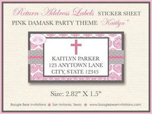 Pink Girl Baptism Invitation Damask Holy Cross Ceremony Wedding Formal Kid Boogie Bear Invitations Kaitlyn Theme Paperless Printable Printed