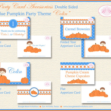 Blue Pumpkin Birthday Favor Party Card Tent Place Little Orange Autumn Boy Fall Barn Country Kid Boogie Bear Invitations Colin Theme Printed