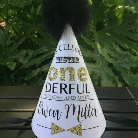 Mr. Wonderful Birthday Party Hat Onederful Boy Little Man Glitter Modern Gold Black ONE derful Ribbon 1st Boogie Bear Invitations Owen Theme