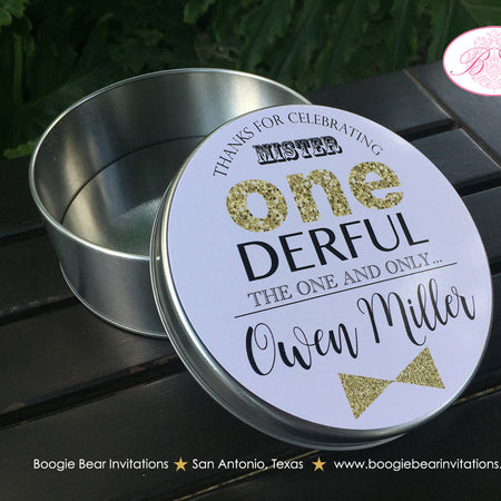Mr Wonderful Birthday Cookie Favor Tins Treat Candy ONE Boy Onederful Glitter Large Black Gold 1st Party Boogie Bear Invitations Owen Theme
