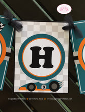 Load image into Gallery viewer, Race Car Happy Birthday Party Banner Racing Race Orange Teal Black Boy 1st 2nd 3rd 4th 5th 6th 7th 8th Boogie Bear Invitations Nathan Theme