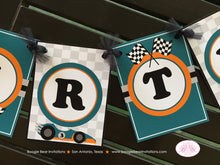Load image into Gallery viewer, Race Car Happy Birthday Party Banner Racing Race Orange Teal Black Boy 1st 2nd 3rd 4th 5th 6th 7th 8th Boogie Bear Invitations Nathan Theme