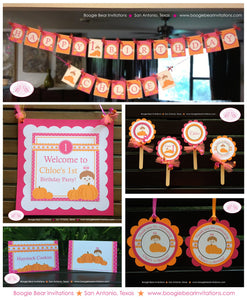 Pink Pumpkin 1st Birthday Party Package Little Girl Fall Autumn Farm Barn Rustic Country Ranch Polka Dot Boogie Bear Invitations Chloe Theme