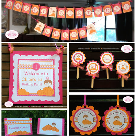 Pink Pumpkin 1st Birthday Party Package Little Girl Fall Autumn Farm Barn Rustic Country Ranch Polka Dot Boogie Bear Invitations Chloe Theme
