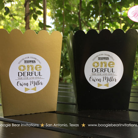 Mr Wonderful Birthday Party Popcorn Boxes Mini Favor Boy Candy Buffet Food Onederful First Black Gold 1st Boogie Bear Invitations Owen Theme