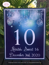 Load image into Gallery viewer, Blue Glowing Ornaments Table Number Sign Card Birthday Party Sweet 16 Winter Christmas Elegant Formal Boogie Bear Invitations Krista Theme