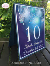 Load image into Gallery viewer, Blue Glowing Ornaments Table Number Sign Card Birthday Party Sweet 16 Winter Christmas Elegant Formal Boogie Bear Invitations Krista Theme