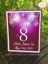 Load image into Gallery viewer, Purple Glowing Ornaments Table Number Sign Card Birthday Party Sweet 16 Winter Christmas Formal Dinner Boogie Bear Invitations Juliet Theme