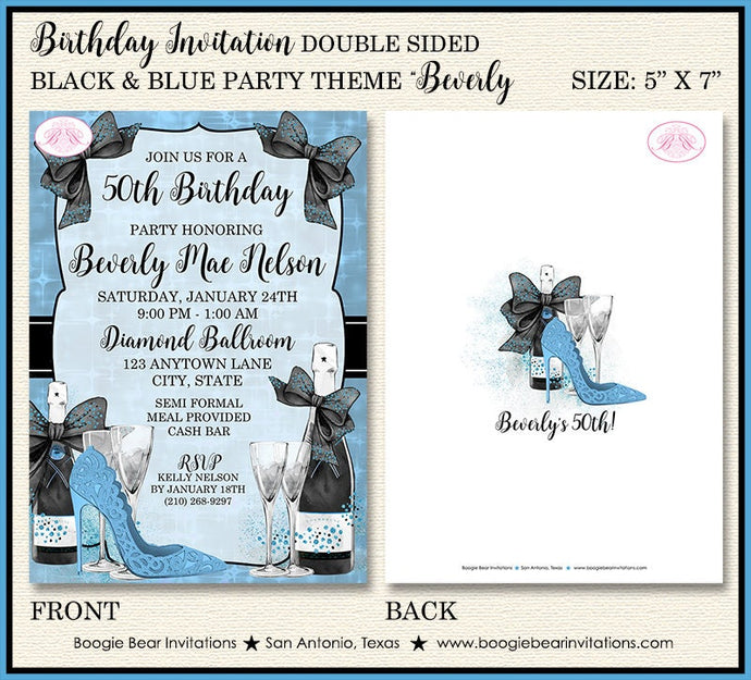 Black Blue Modern Birthday Party Invitation Champagne Formal Fashion Heel Boogie Bear Invitations Beverly Theme Paperless Printable Printed