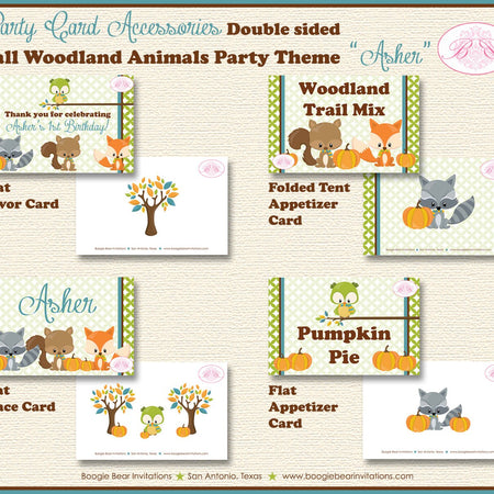 Woodland Animals Birthday Favor Party Card Tent Place Food Appetizer Tag Fall Boy Girl Forest Pumpkin Boogie Bear Invitations Asher Theme
