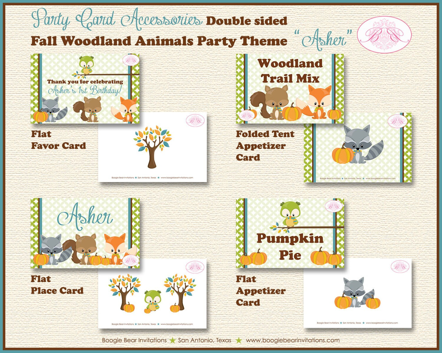 Woodland Animals Birthday Favor Party Card Tent Place Food Appetizer Tag Fall Boy Girl Forest Pumpkin Boogie Bear Invitations Asher Theme