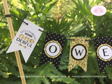 Load image into Gallery viewer, Mr. Wonderful Party Pennant Cake Banner Topper Flag Onederful Black Gold White Polka Dot Happy Birthday Boogie Bear Invitations Owen Theme