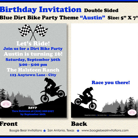 Dirt Bike Birthday Party Invitation Blue Grey Black Girl Boy Motocross Enduro Racing Race Track Boogie Bear Invitations Austin Theme Printed