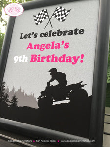 Pink ATV Birthday Party Sign Poster Black Frameable Girl All Terrain Vehicle Quad 4 Wheeler Racing Race Boogie Bear Invitations Angela Theme