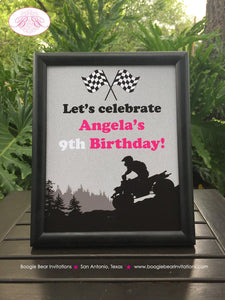 Pink ATV Birthday Party Sign Poster Black Frameable Girl All Terrain Vehicle Quad 4 Wheeler Racing Race Boogie Bear Invitations Angela Theme