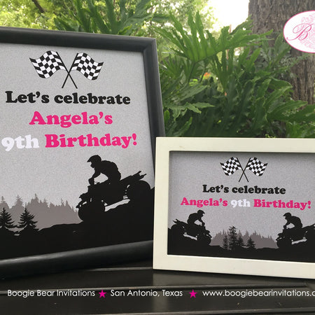 Pink ATV Birthday Party Sign Poster Black Frameable Girl All Terrain Vehicle Quad 4 Wheeler Racing Race Boogie Bear Invitations Angela Theme