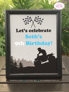 Blue ATV Birthday Party Sign Poster Black Frameable Girl Boy All Terrain Vehicle Quad 4 Wheeler Racing Boogie Bear Invitations Seth Theme
