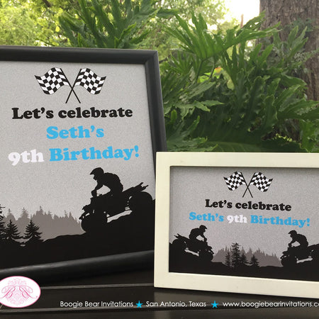 Blue ATV Birthday Party Sign Poster Black Frameable Girl Boy All Terrain Vehicle Quad 4 Wheeler Racing Boogie Bear Invitations Seth Theme