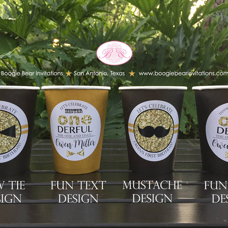 Mr Wonderful 1st Birthday Party Beverage Cups Paper Drink ONE Boy Mustache Bow Tie Onederful Black Gold Boogie Bear Invitations Owen Theme