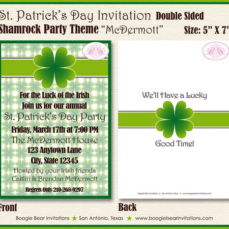 St. Patrick's Day Party Invitation Irish Green Lucky Shamrock Holiday Boogie Bear Invitations McDermott Theme Paperless Printable Printed