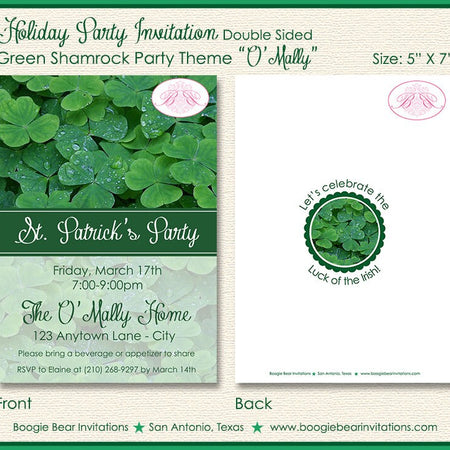 St. Patrick's Day Party Invitation Green Shamrock Clover Lucky Irish 1st Boogie Bear Invitations O'Mally Theme Paperless Printable Printed