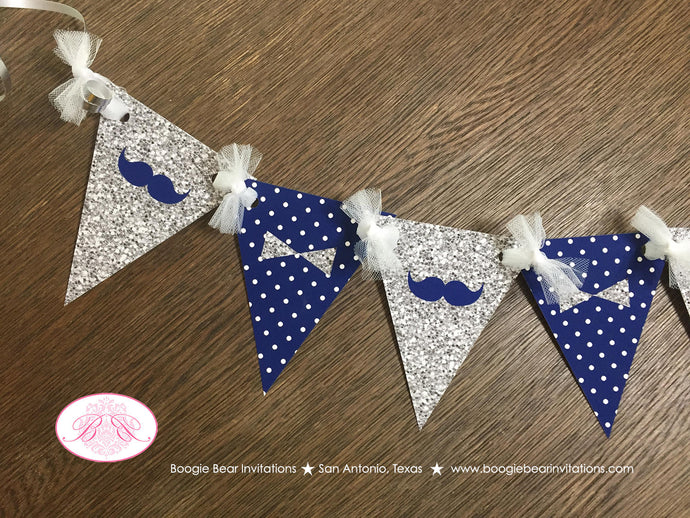 Mr. Wonderful Birthday Party Banner Pennant Garland Boy Navy Blue Silver White Onederful Bow Tie Mustache Boogie Bear Invitations Odin Theme