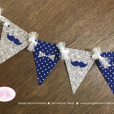 Mr. Wonderful Birthday Party Banner Pennant Garland Boy Navy Blue Silver White Onederful Bow Tie Mustache Boogie Bear Invitations Odin Theme